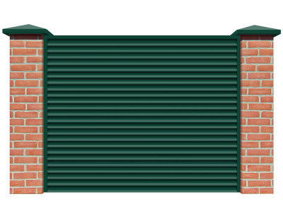 Секция забора жалюзи из ламелей Жалюзи ЭКО-Z RAL6005 Зеленый мох с кирпичными столбами анфас